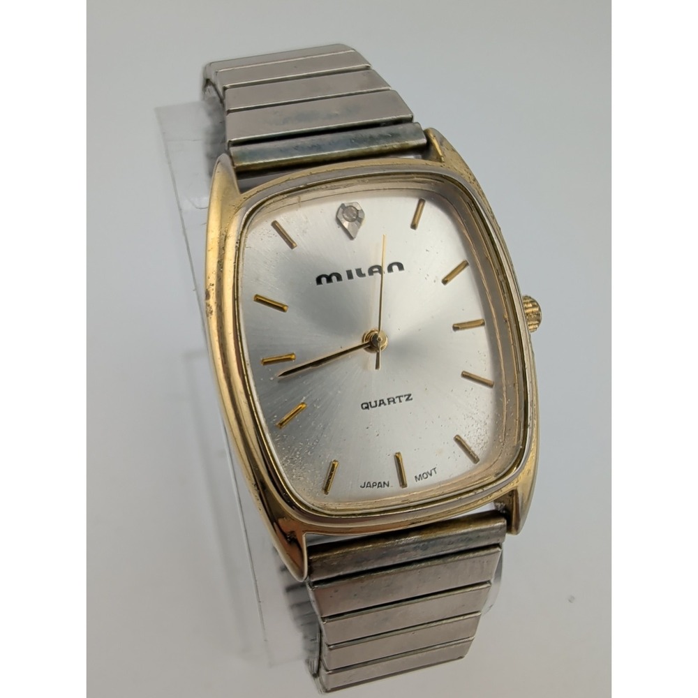Milan Men's Watch 30mm Gold Case Silver Stretch Band- New Battery
